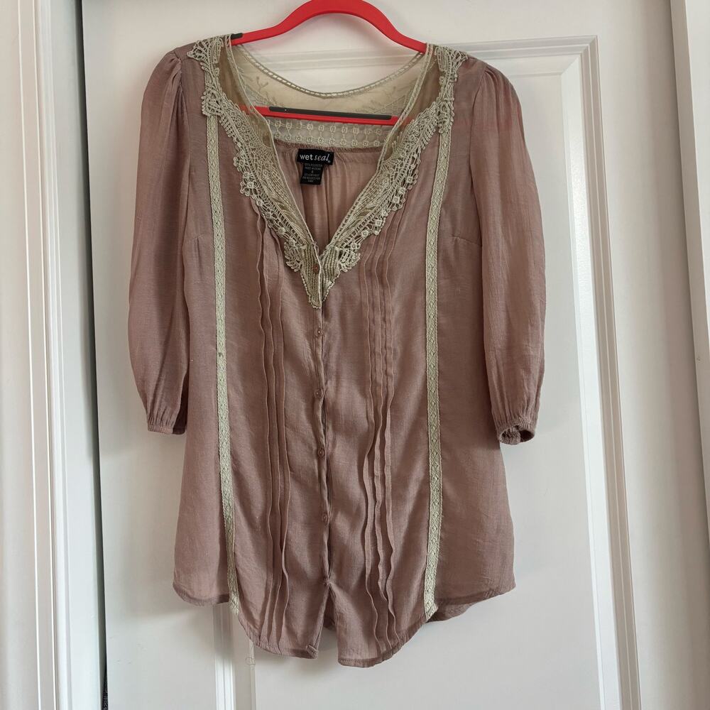 Wet Seal Women’s Fairy Whimsigoth Peasant Long Sleeve Top Sz S Lace Sheer